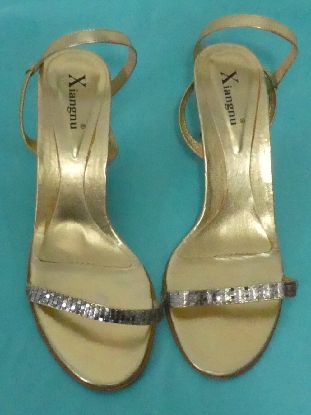 XIANGNU Gold Rhinestone Metallic Heeled Sandals - Size 39